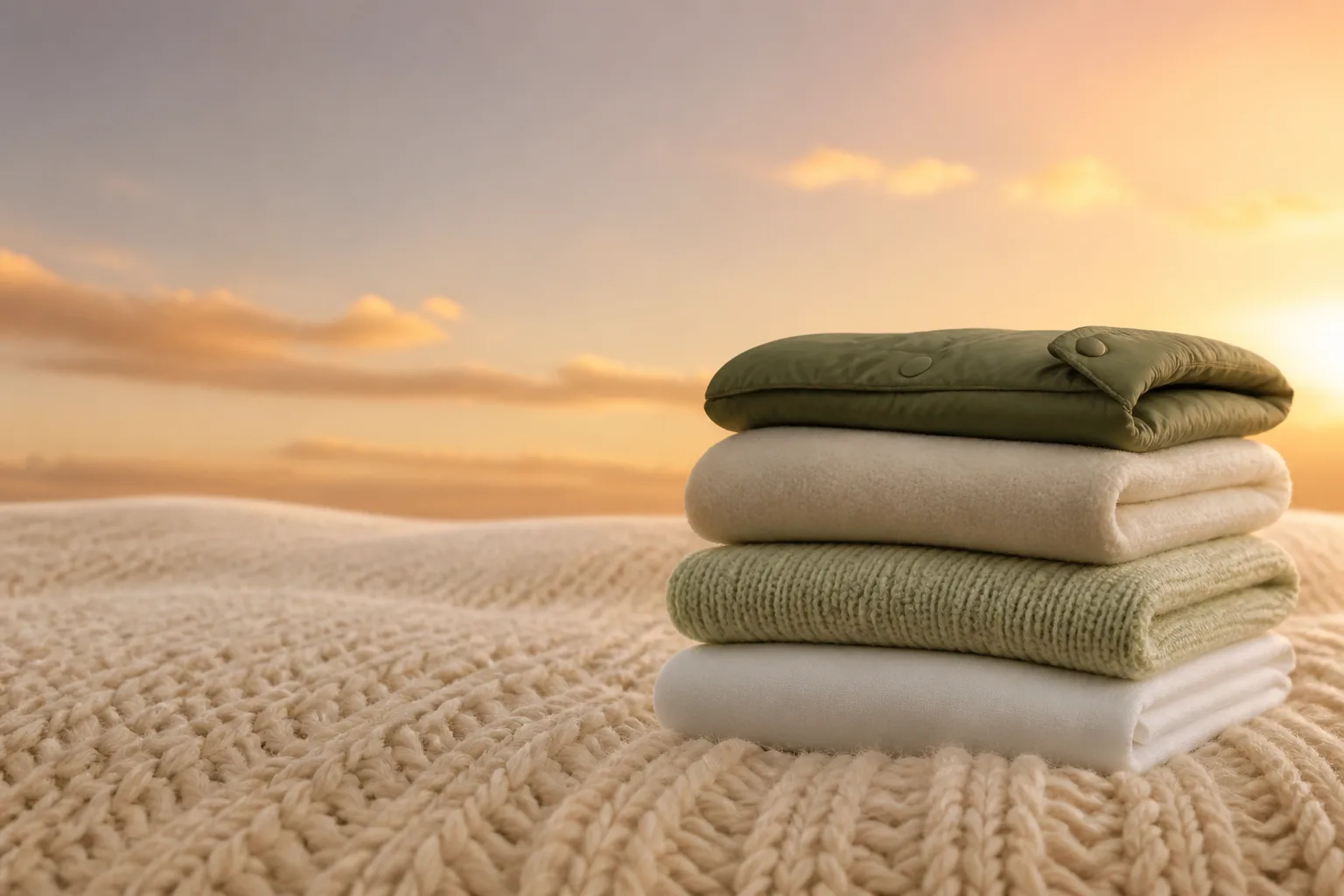 A neat stack of folded baby fabrics on a cream knit hill against a warm evening sky: smooth white cotton at the bottom, then sage wool knit, then brushed fleece, and a matte waterproof jacket folded on top