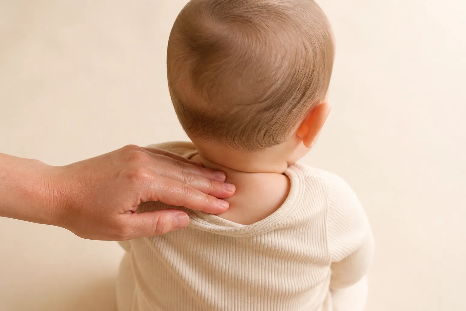 A parent's fingers resting on the bare skin at the back of a baby's neck