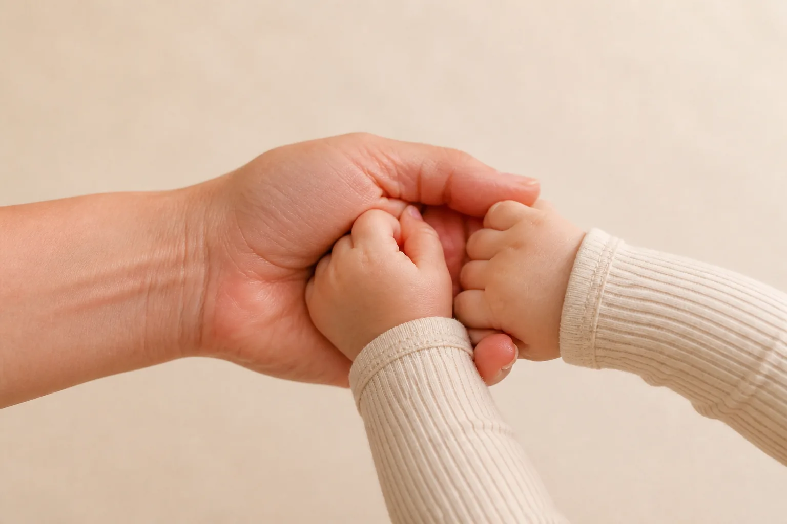 A parent's hand holding a baby's cool hands over a cream ribbed sleeve