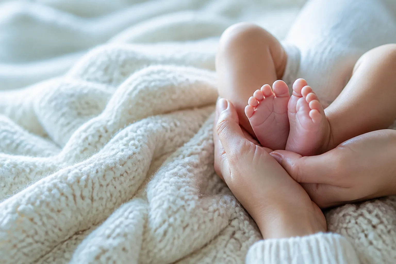 A parent's hands gently cupping a baby's small bare feet