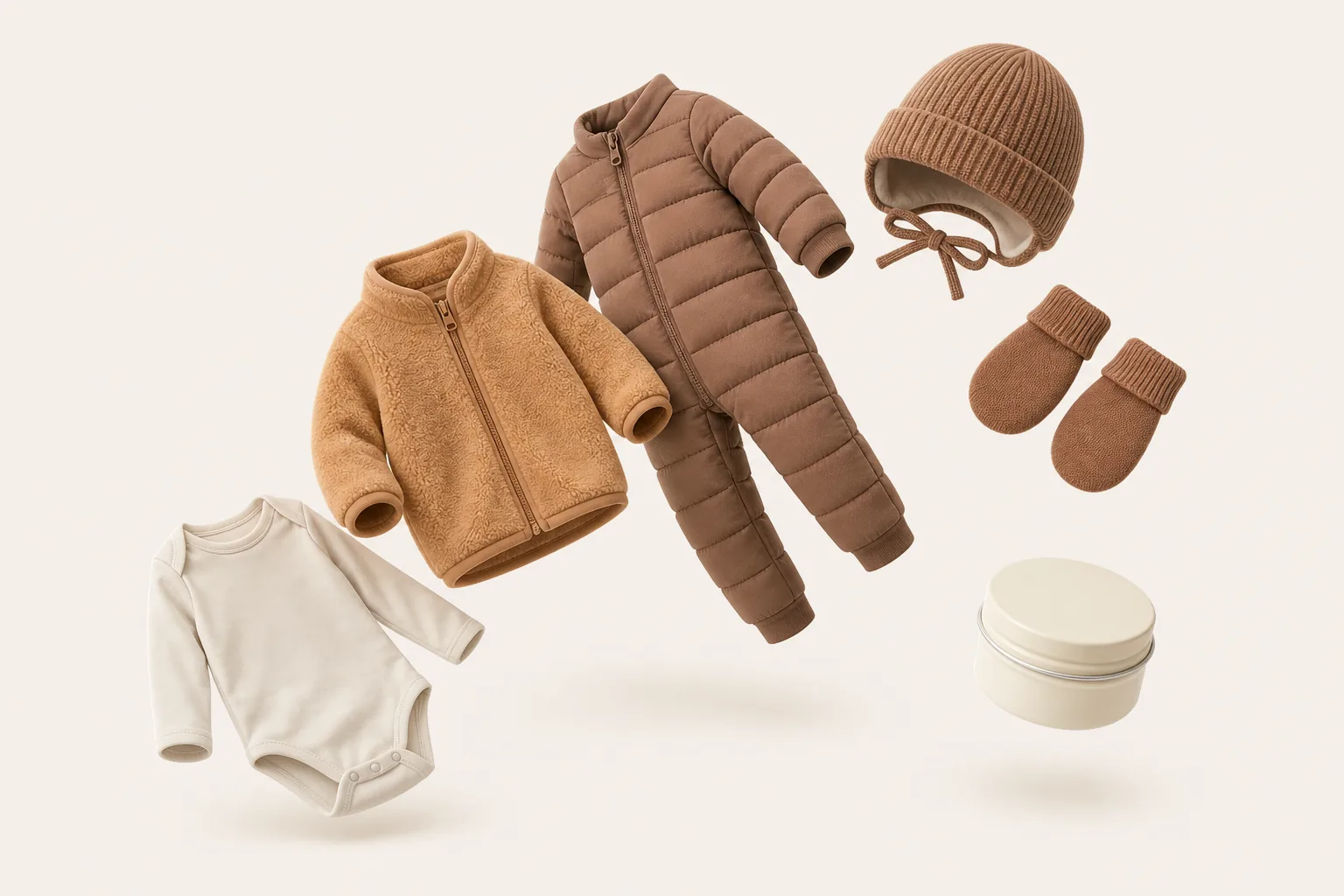 A bodysuit, warm fleece, pram suit, warm hat, mittens and wind cream laid out