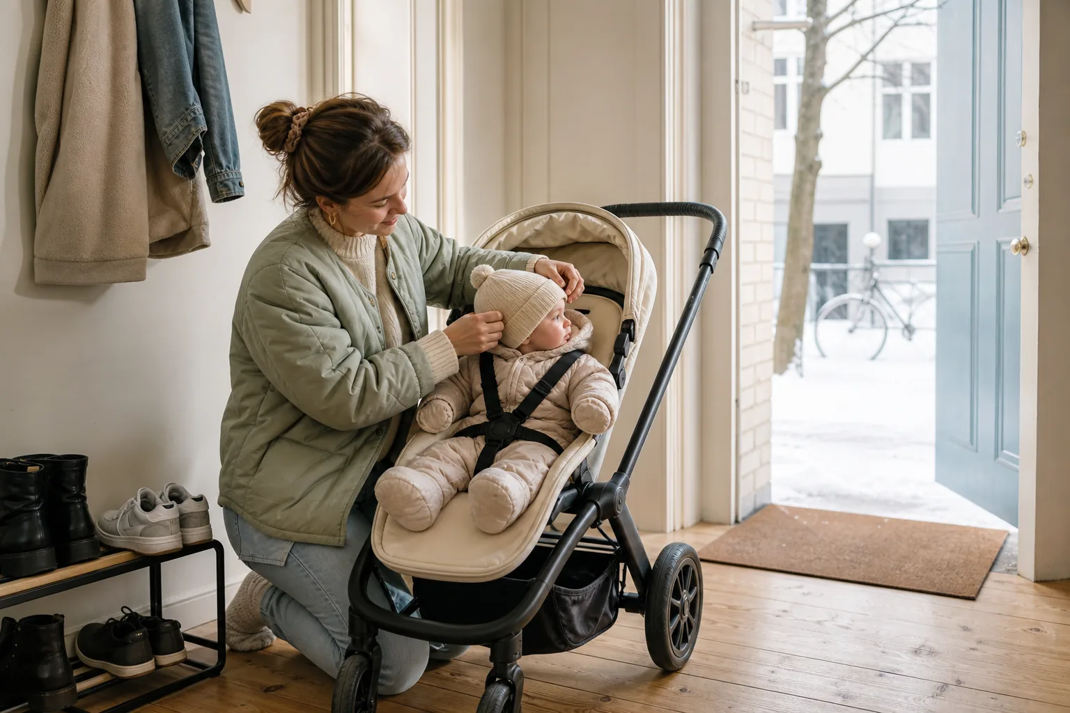 A parent adjusting a baby's warm hat beside a stroller at the first snow