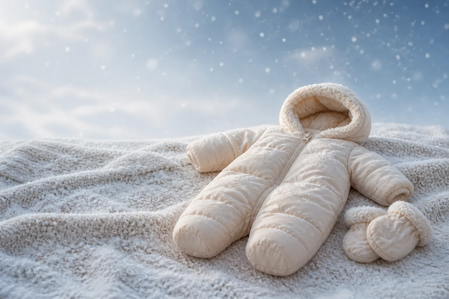 A cream pram suit and mittens laid on a snowy knit blanket