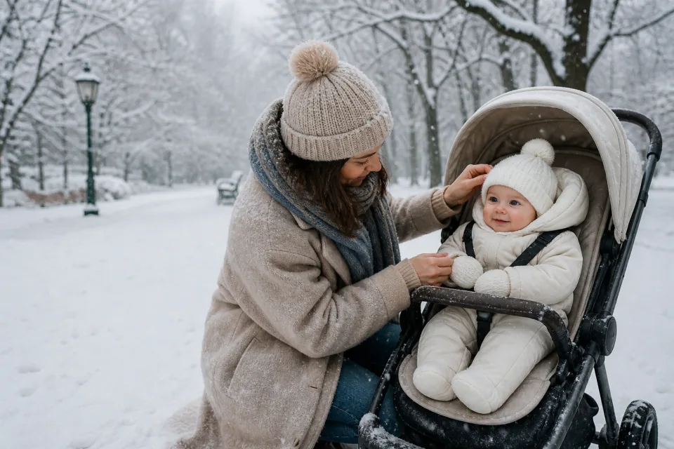 A parent fastening a mitten on a baby dressed for falling snow
