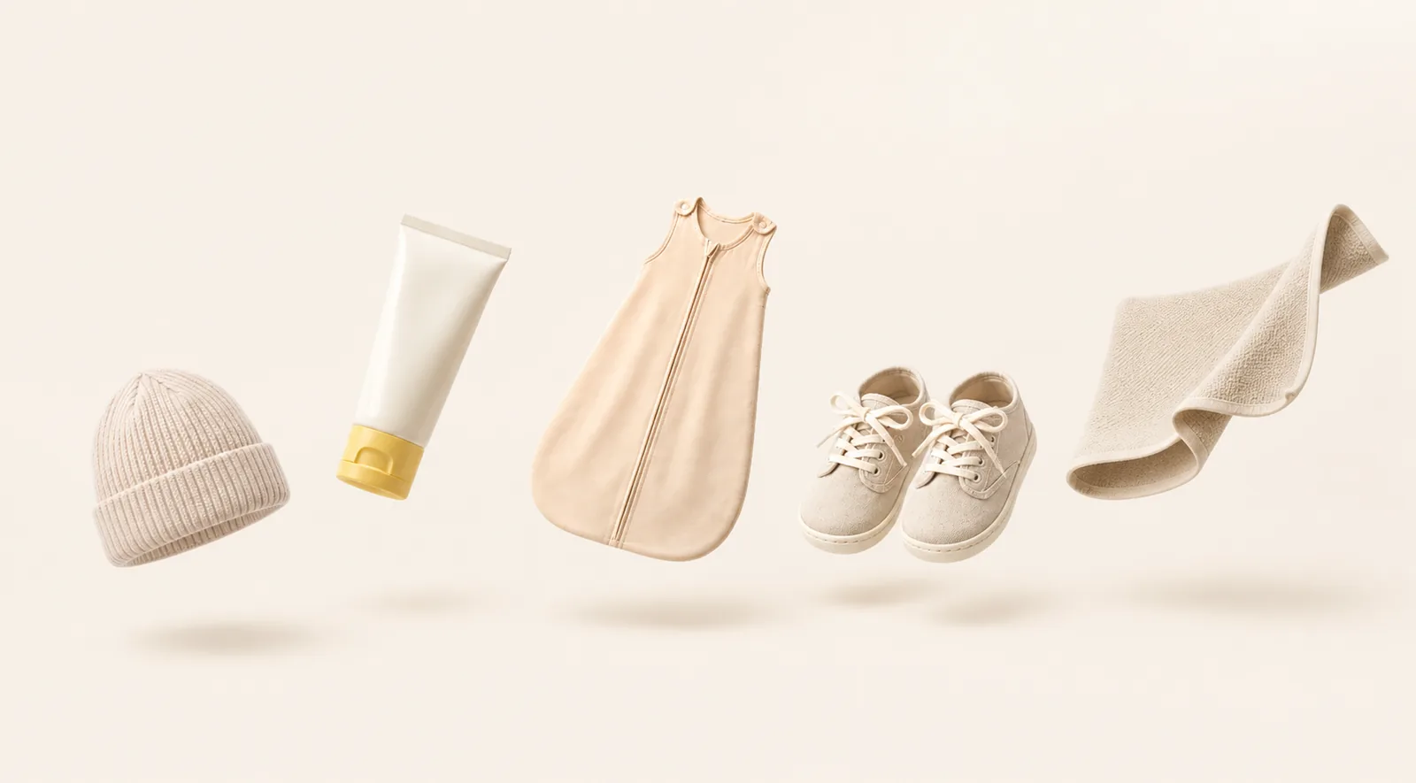 A knit hat, sunscreen, sleep bag, first shoes and stroller blanket arranged as five milestones