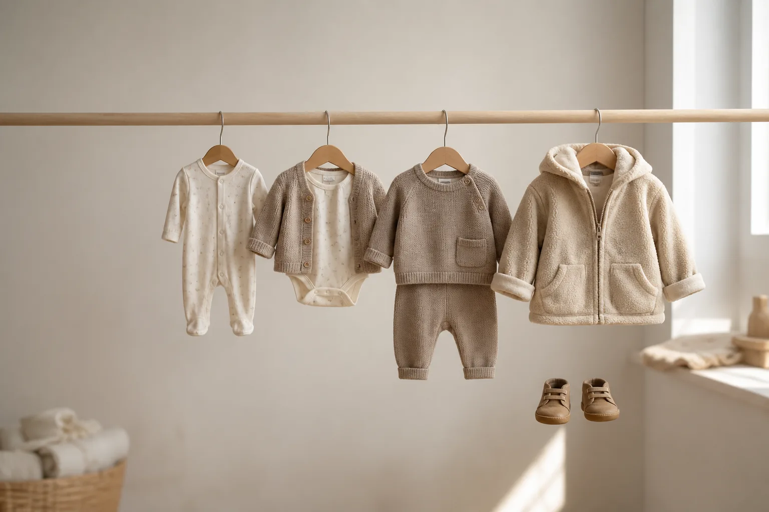 A pale wooden clothes rail with four small outfits on wooden hangers, growing in size from left to right: a newborn sleepsuit, a three-month bodysuit and cardigan, a crawling-size knit set, a one-year jacket with tiny shoes standing beneath it