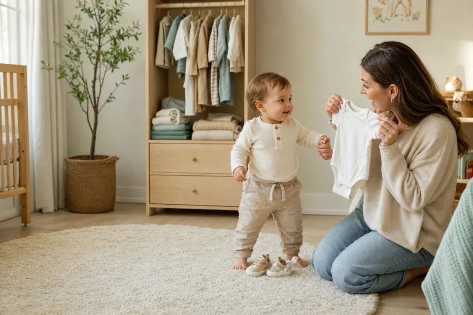 A parent comparing a newborn bodysuit beside a standing one-year-old baby