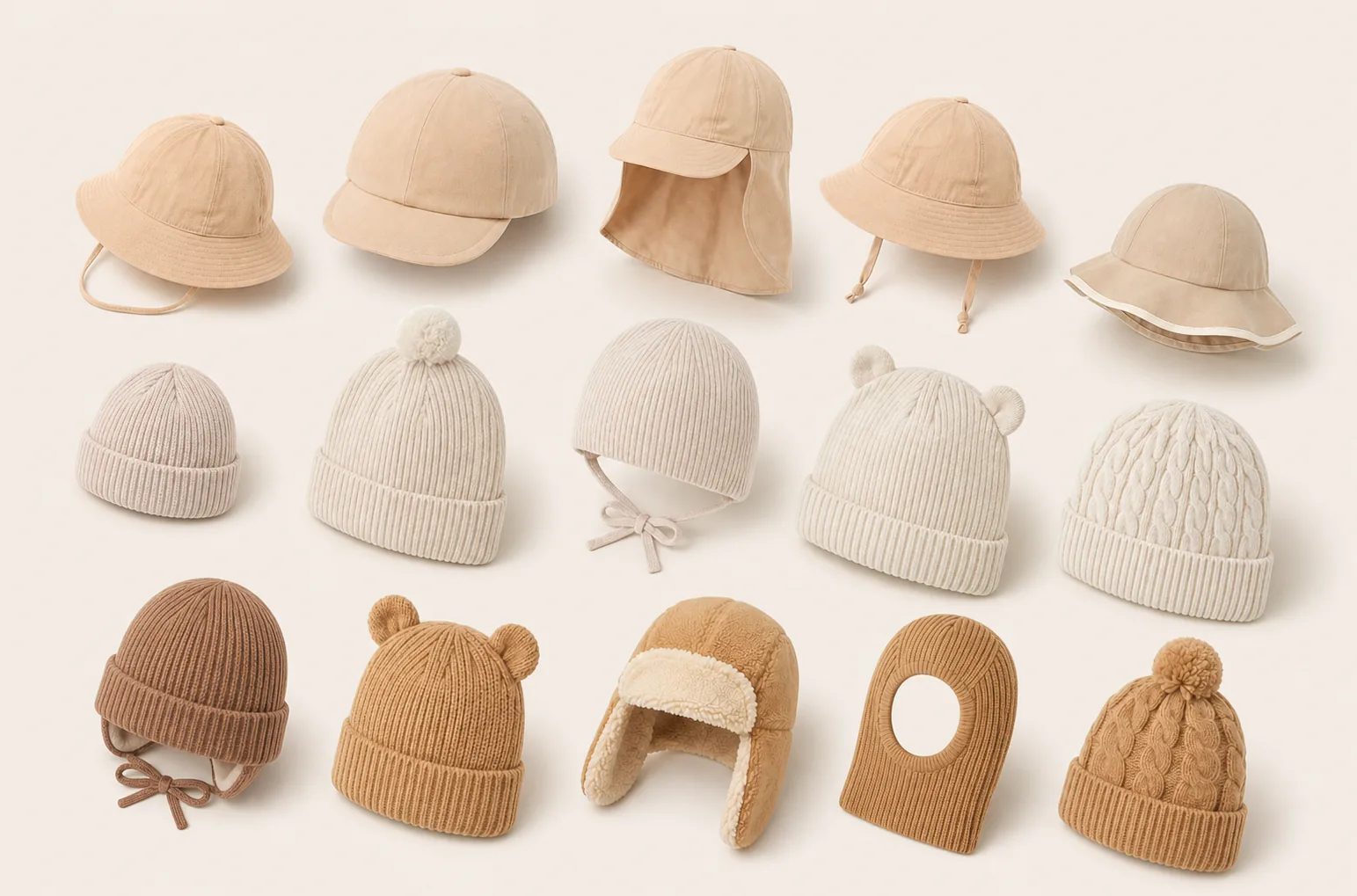Fifteen existing baby hat styles grouped into sun hats, light knit hats and warm winter hats