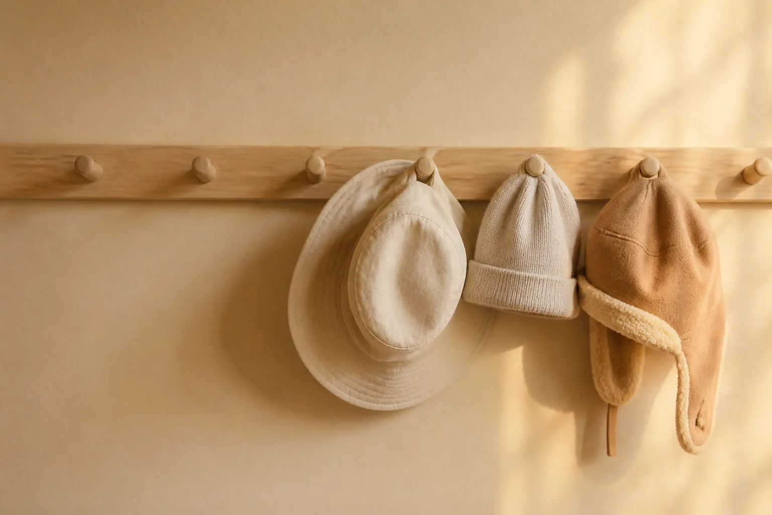Three baby hats hanging on a pale wooden peg rail: a wide-brim cotton sun hat, a light knit hat, a warm fleece-lined hat with ear flaps