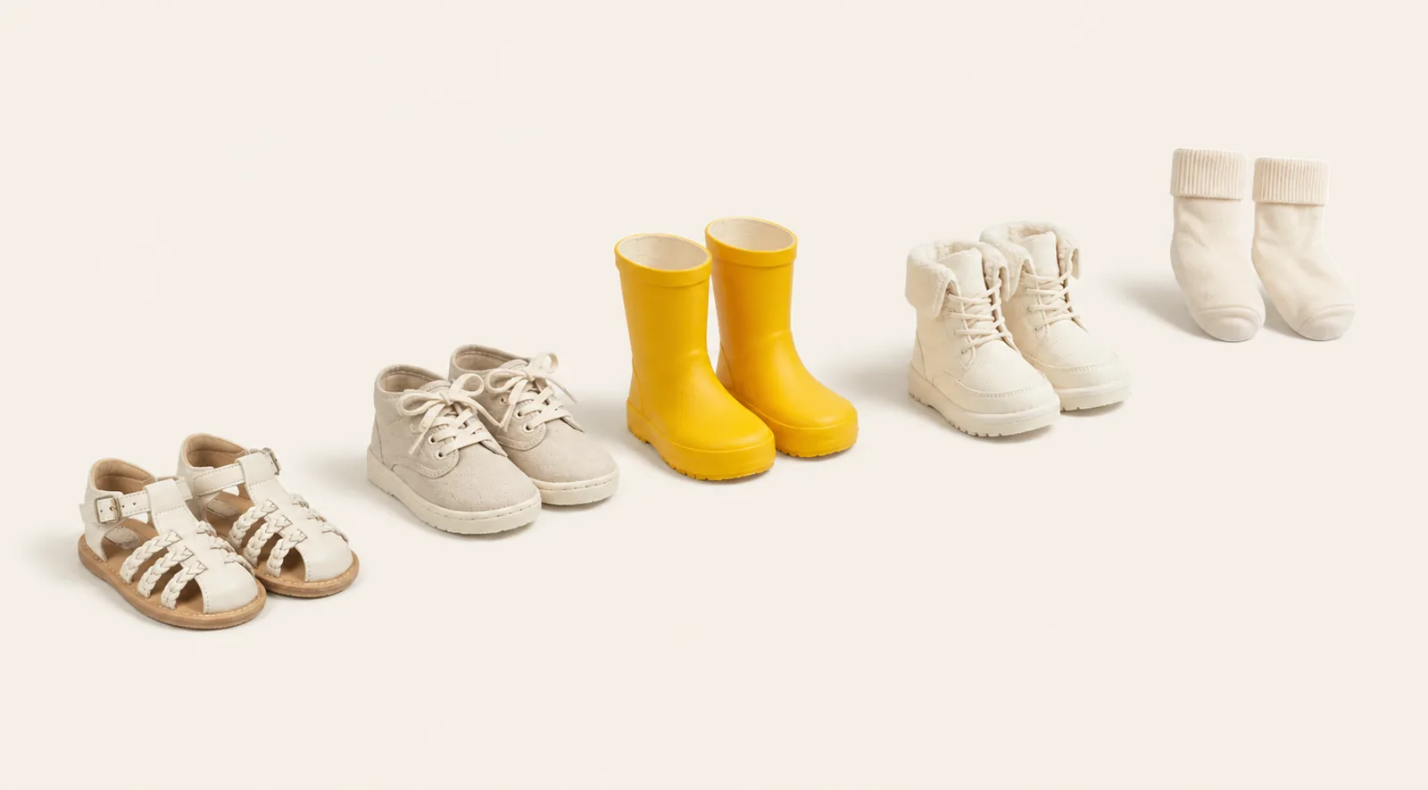 Sandals, first shoes, yellow rain boots, winter boots and cream socks arranged in a stepping arc