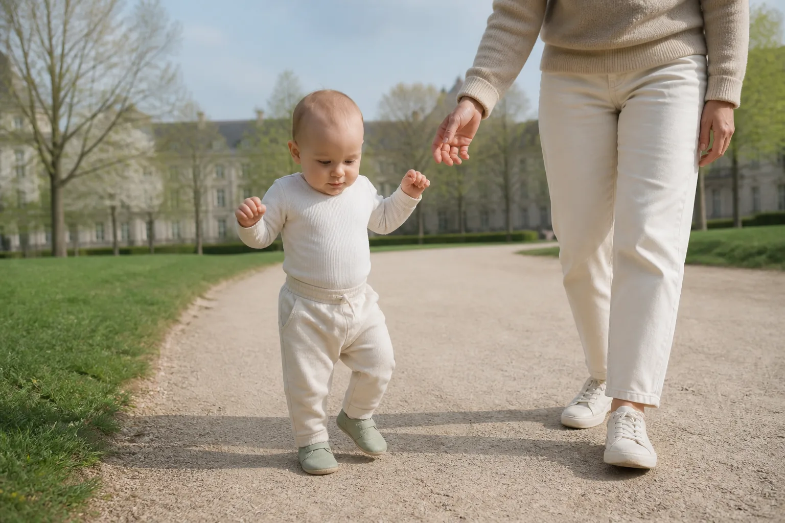 A walking baby in flexible pale sage first shoes taking steps beside a parent on a park path
