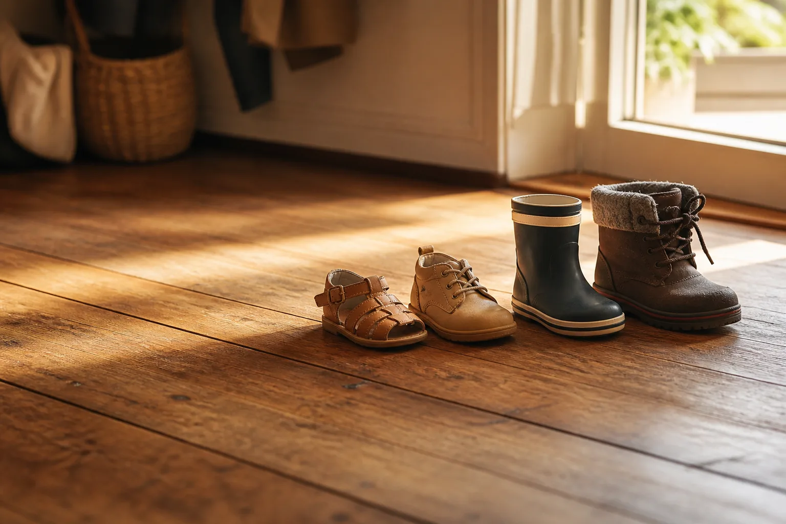 Four little shoes in a row on warm wooden floorboards by a front door: a soft sandal, a first walking shoe, a small rain boot, a lined winter boot