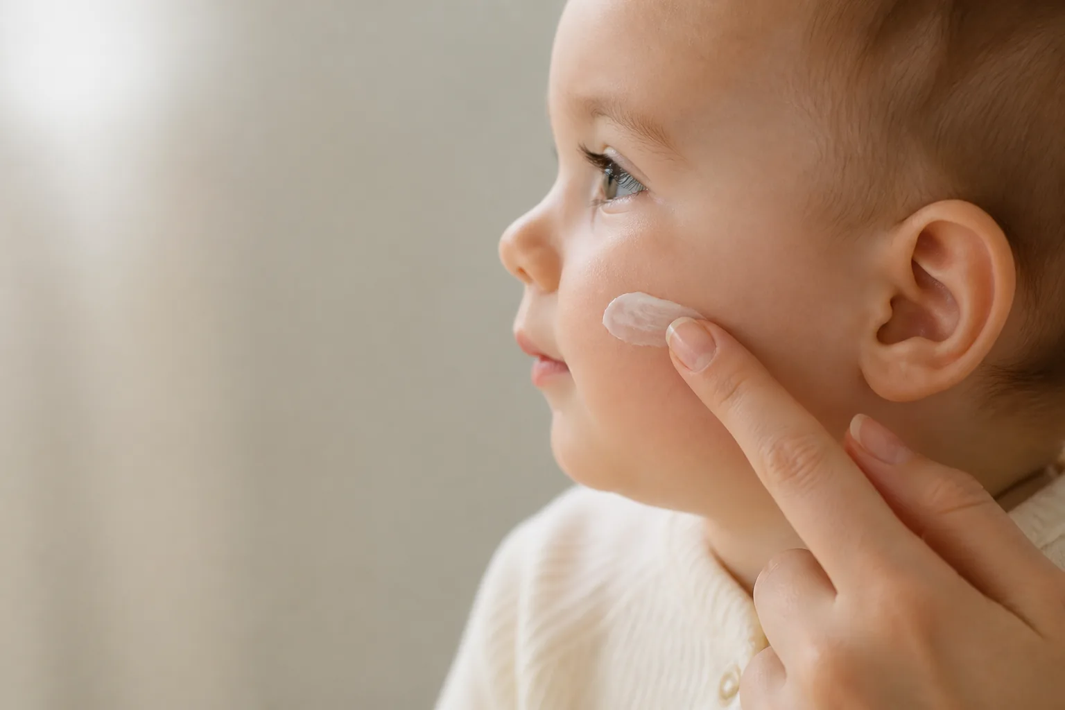 A parent's clean fingertip gently smoothing cream across a calm baby's cheek