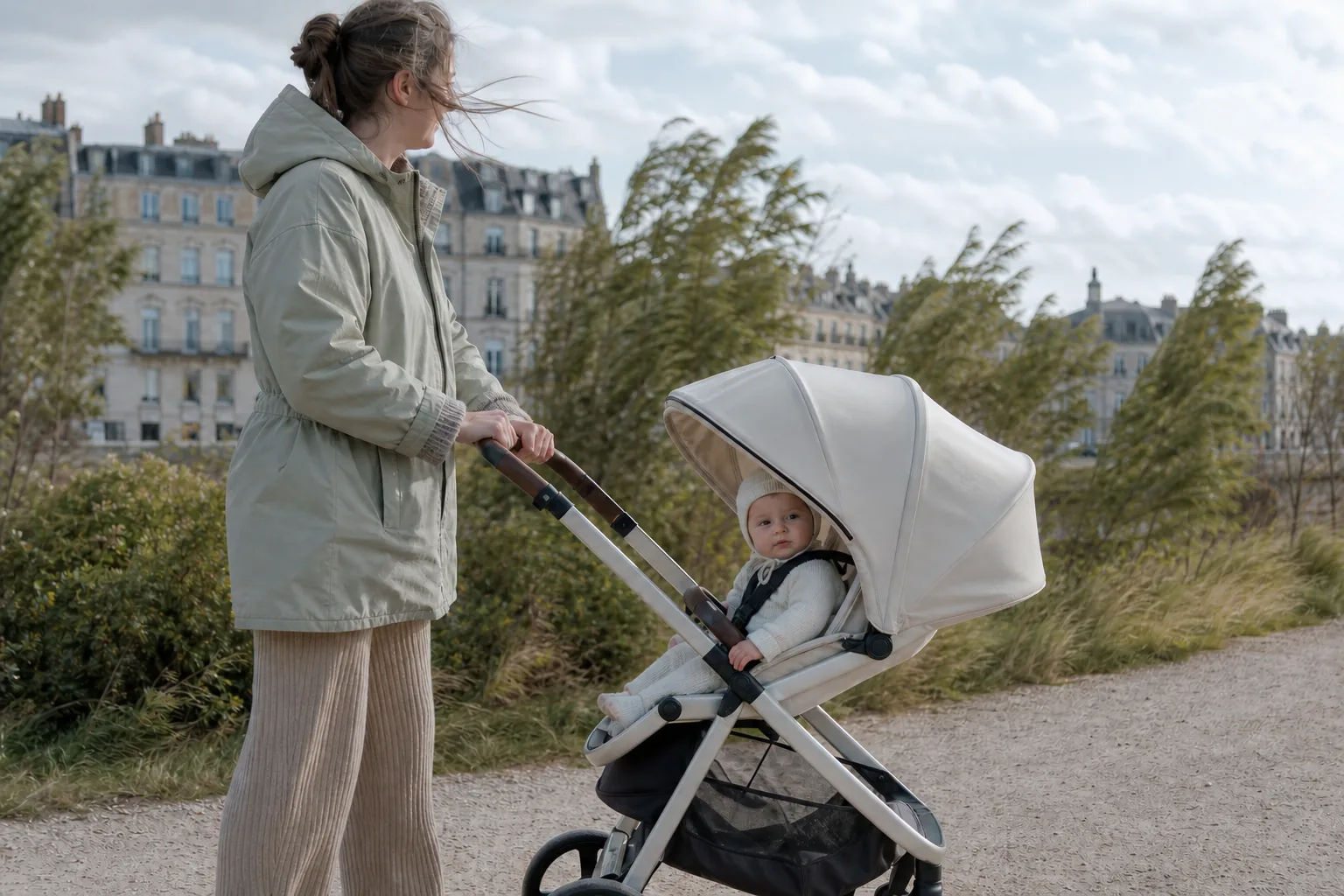 A parent pushing an open stroller on a windy park path with the baby's hood clear of the face
