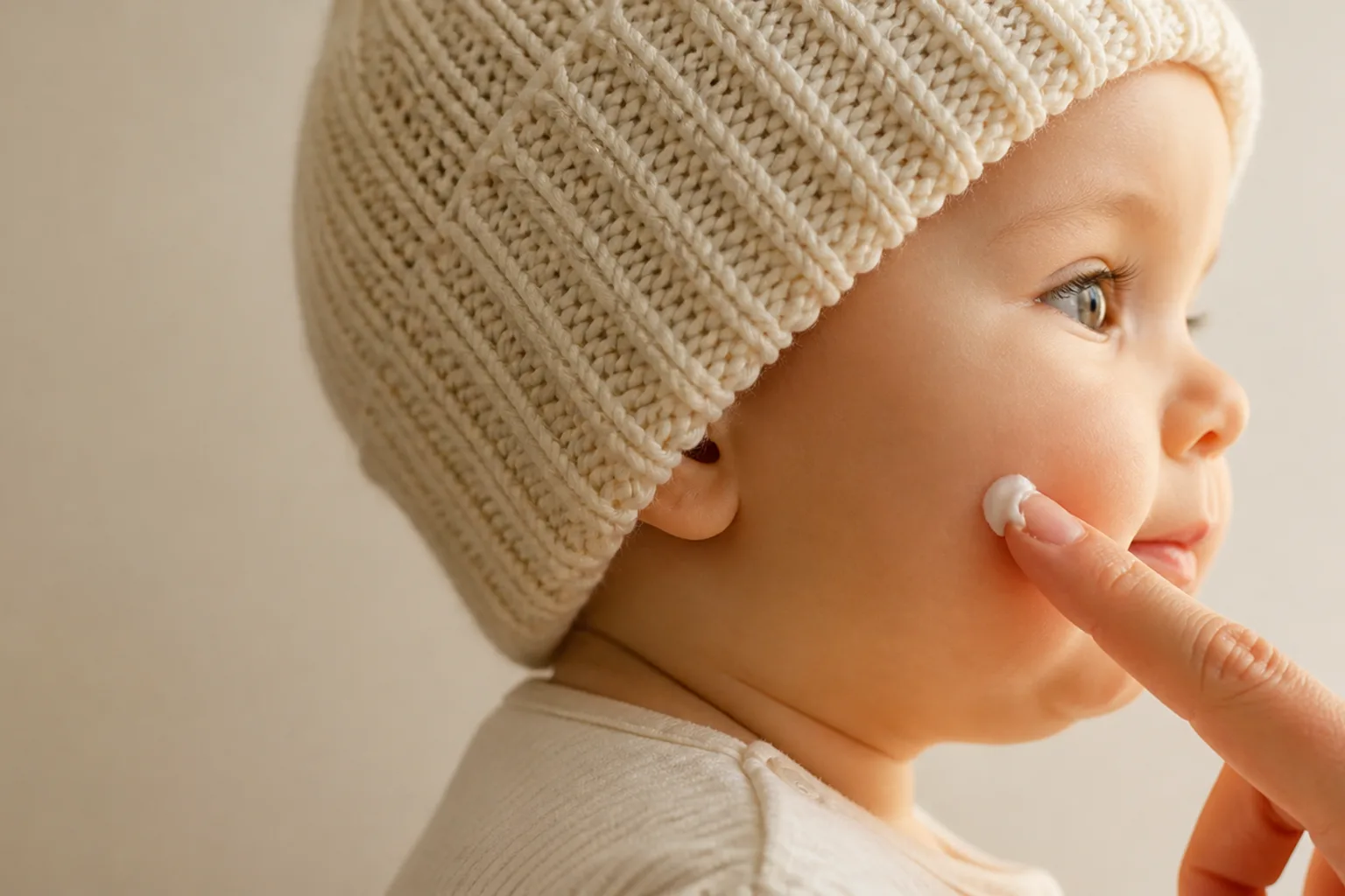 Close and in profile: a calm baby in a knit hat and cream long-sleeve bodysuit, fully clothed, and a parent's fingertip with a small dot of cream just about to touch the baby's round cheek
