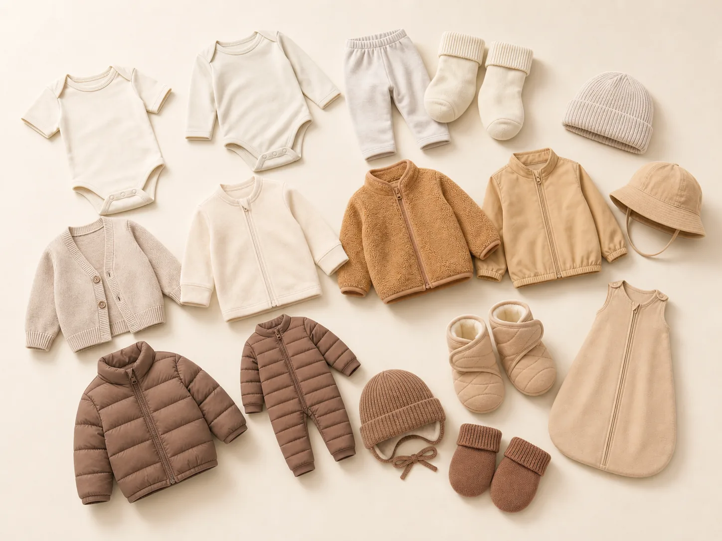 Baby wardrobe grouped into soft base clothes, warm middle layers, jackets, hats and small accessories