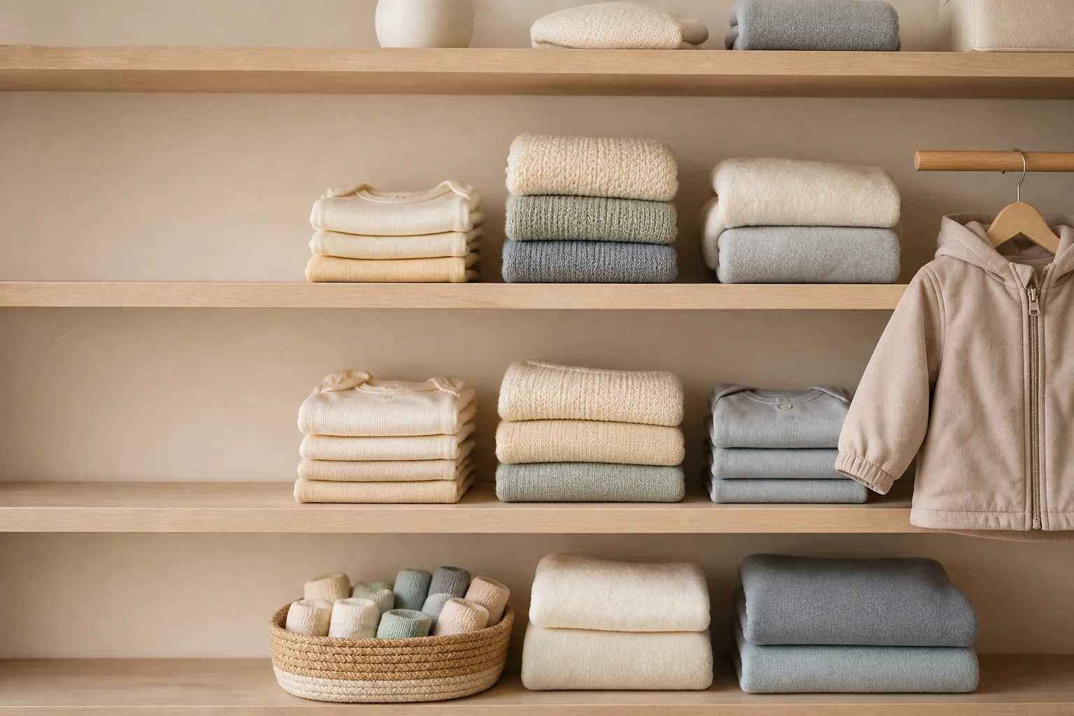 Open pale wooden shelves holding a baby's weather wardrobe in tidy piles: folded bodysuits, cardigans, brushed fleece, with a small light jacket hanging at the side and a basket of rolled socks on the lowest shelf