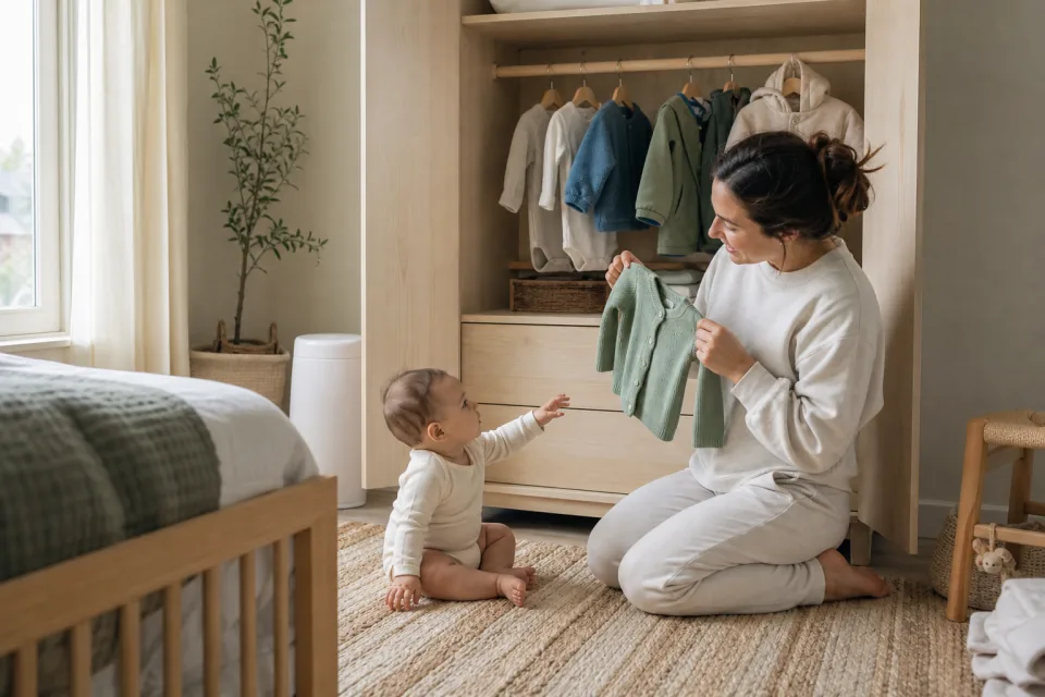 A parent choosing one cardigan while a baby reaches toward the wardrobe
