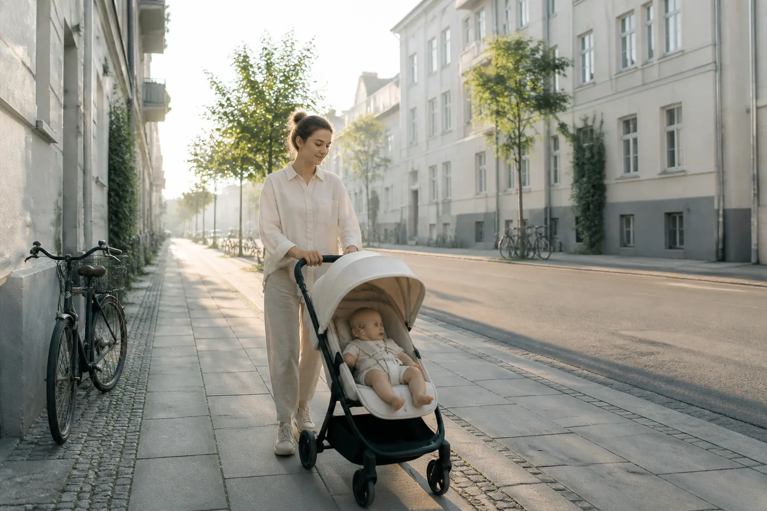 A parent pushing an open cream stroller along a quiet street in cool early light