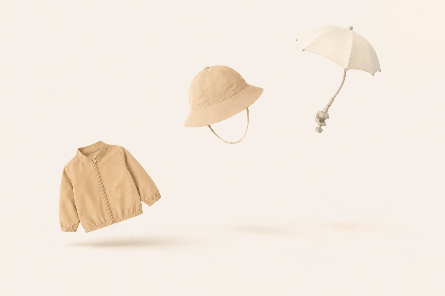 A cream stroller parasol, pale sun hat and light oatmeal jacket arranged for a morning walk