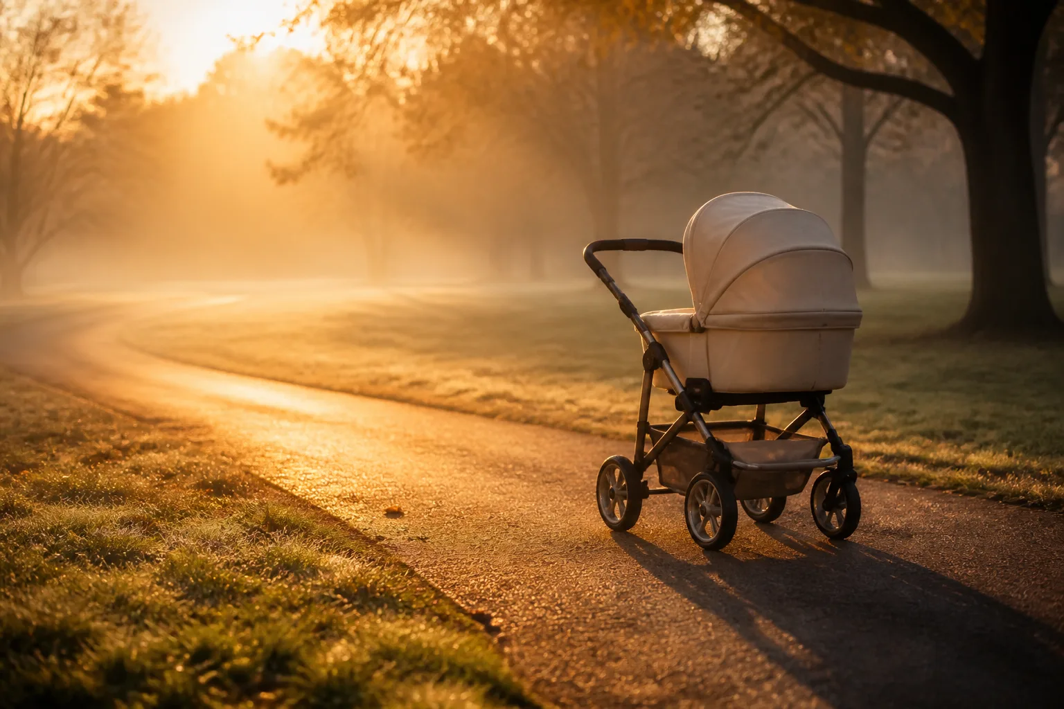Early morning in a quiet park, low golden light and thin mist