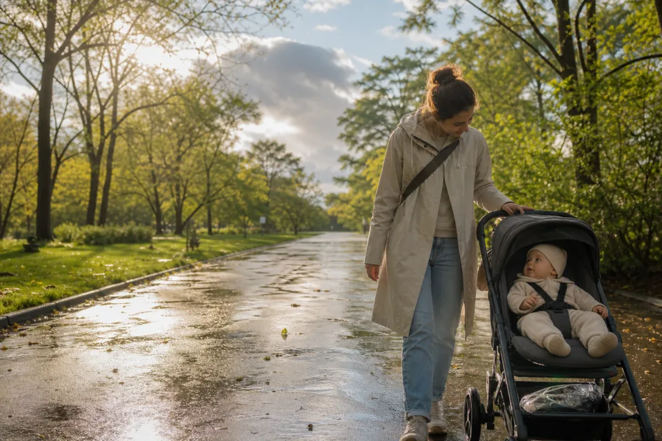 A parent pushing a baby after rain in soft low sunlight