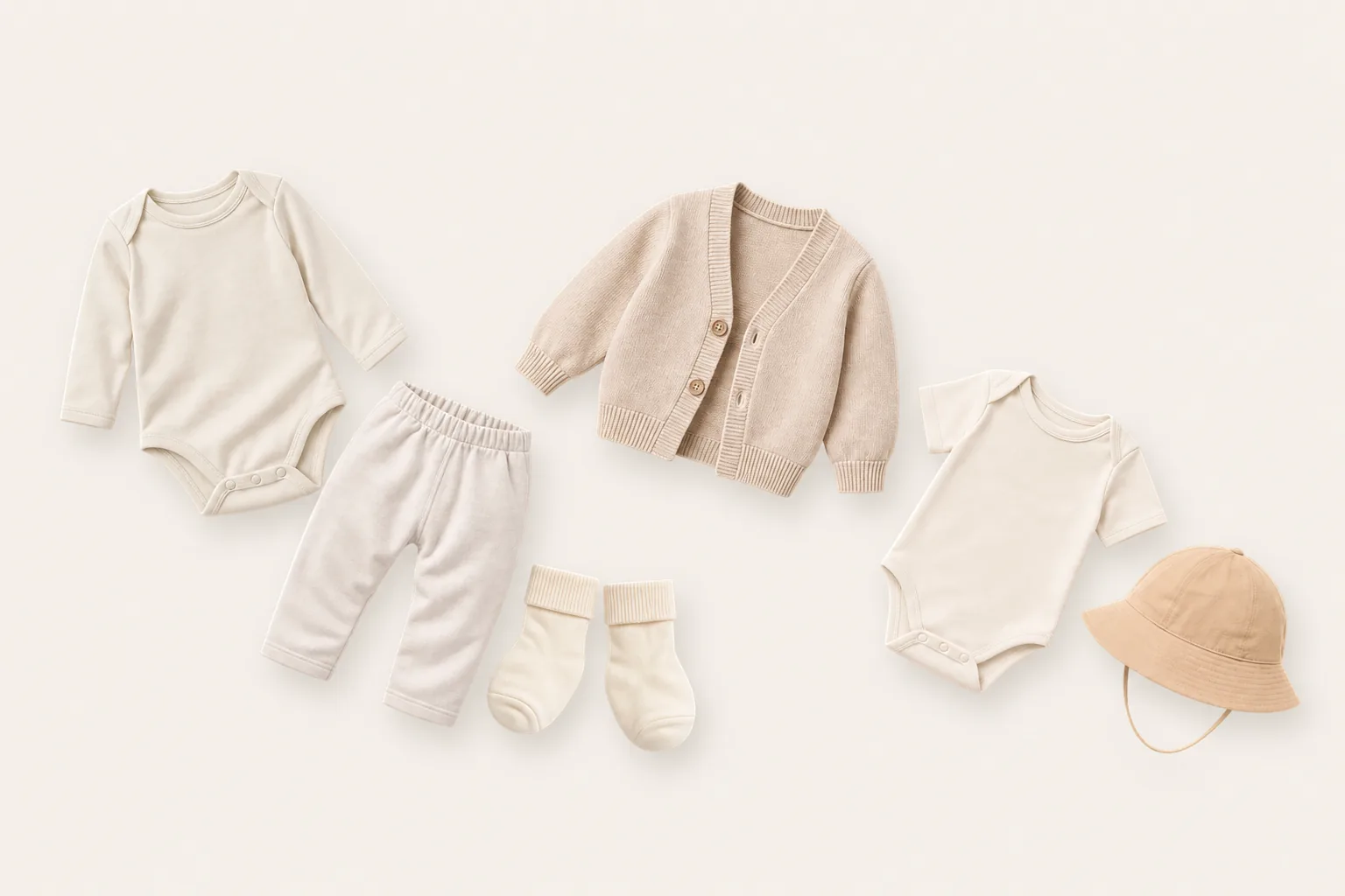 A baby bodysuit, pants, socks, cardigan, sun hat and clean spare set arranged for daycare