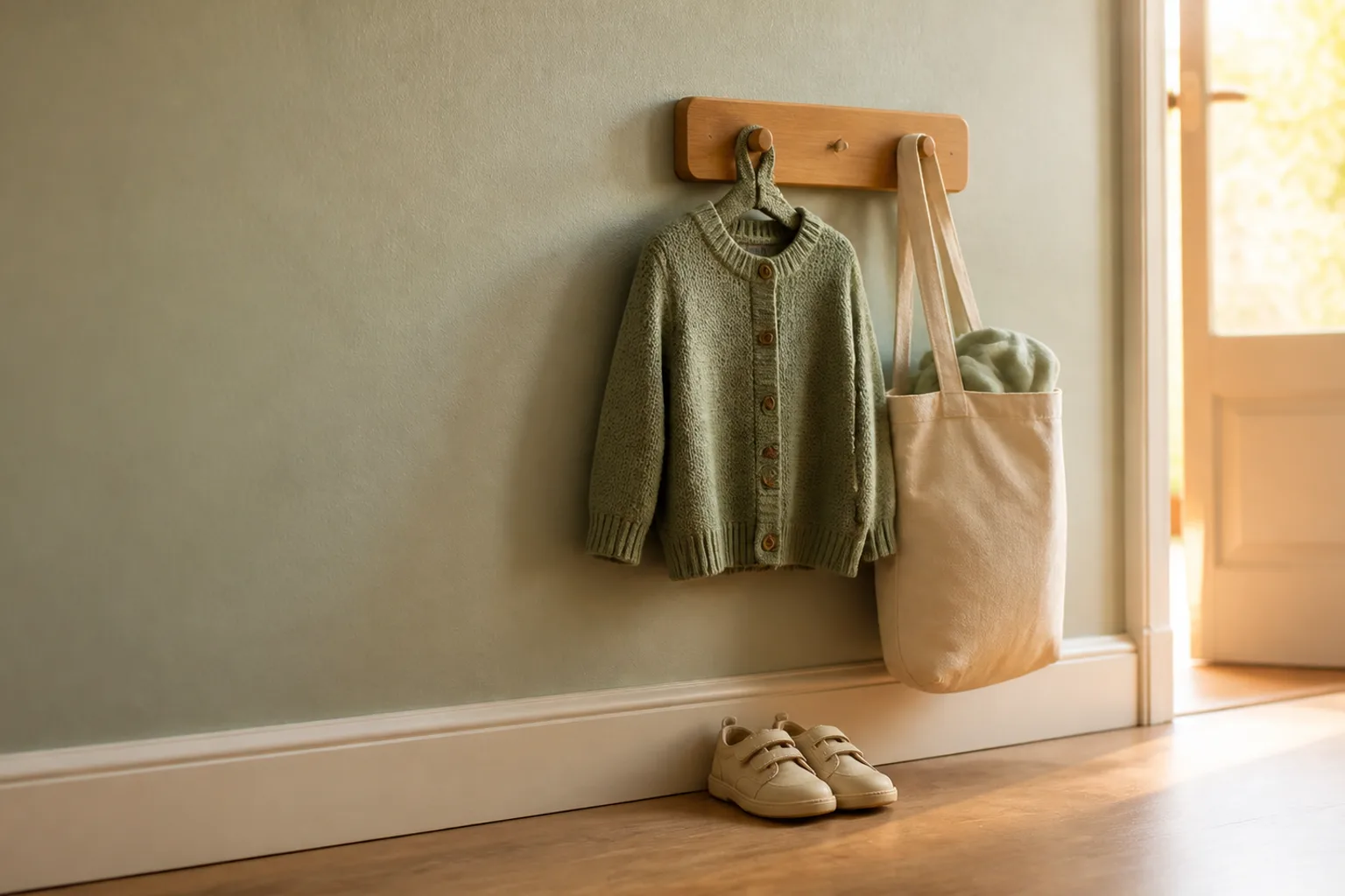 A low wooden hook by a daycare door: a small sage cardigan hanging from it, a canvas bag beside it with a folded spare set peeking out, tiny shoes on the floor beneath