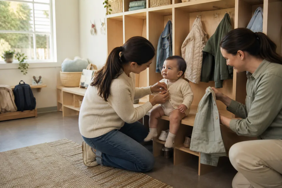A parent and daycare worker adjusting simple removable layers on a baby