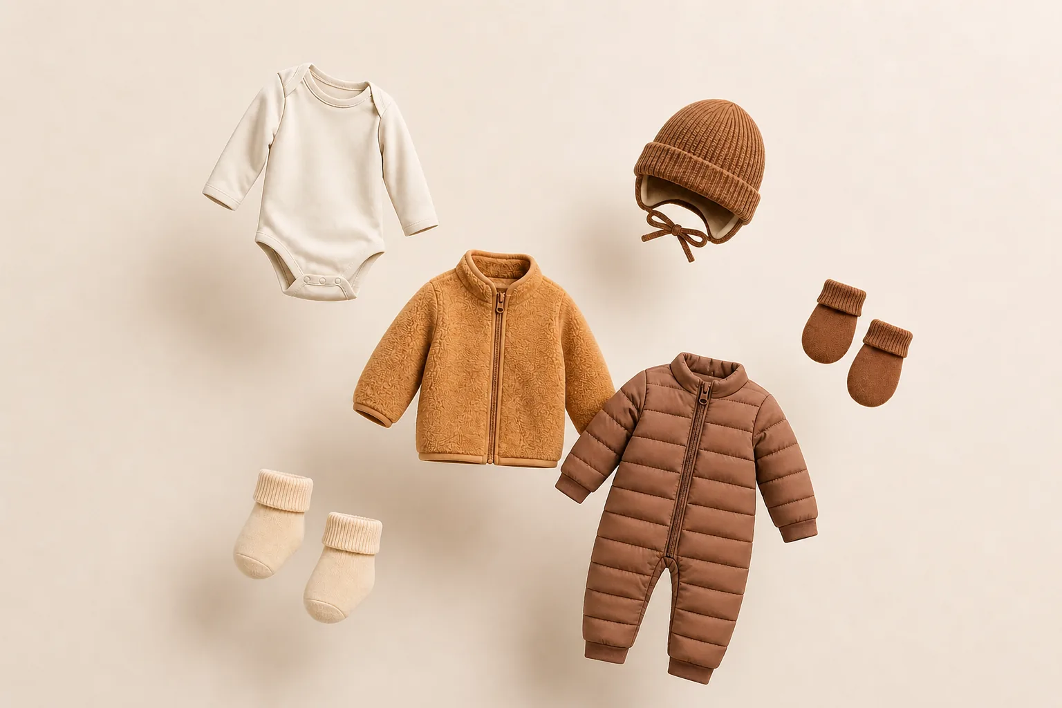 A bodysuit, warm fleece, pram suit, warm hat, mittens and warm socks laid out