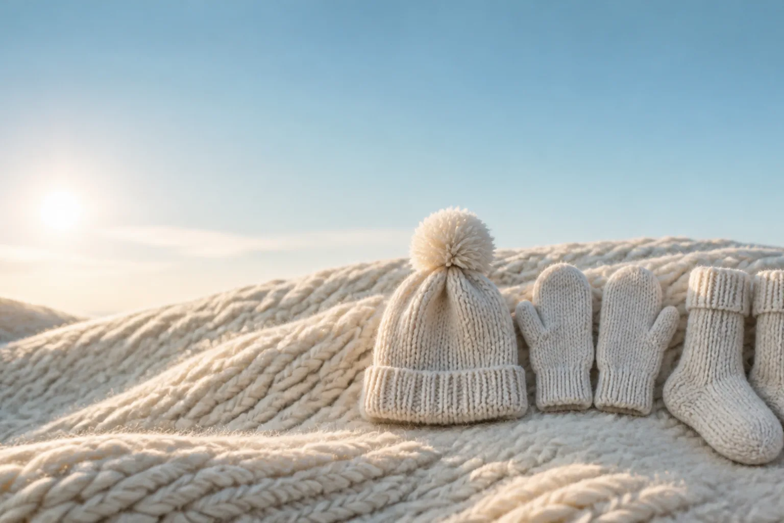 A rolling hill of chunky cream knit blanket under a cool pale blue winter sky with a low soft sun