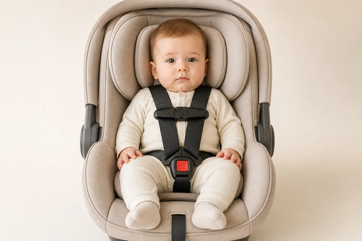 A baby in fitted cream layers under a snug five-point car seat harness