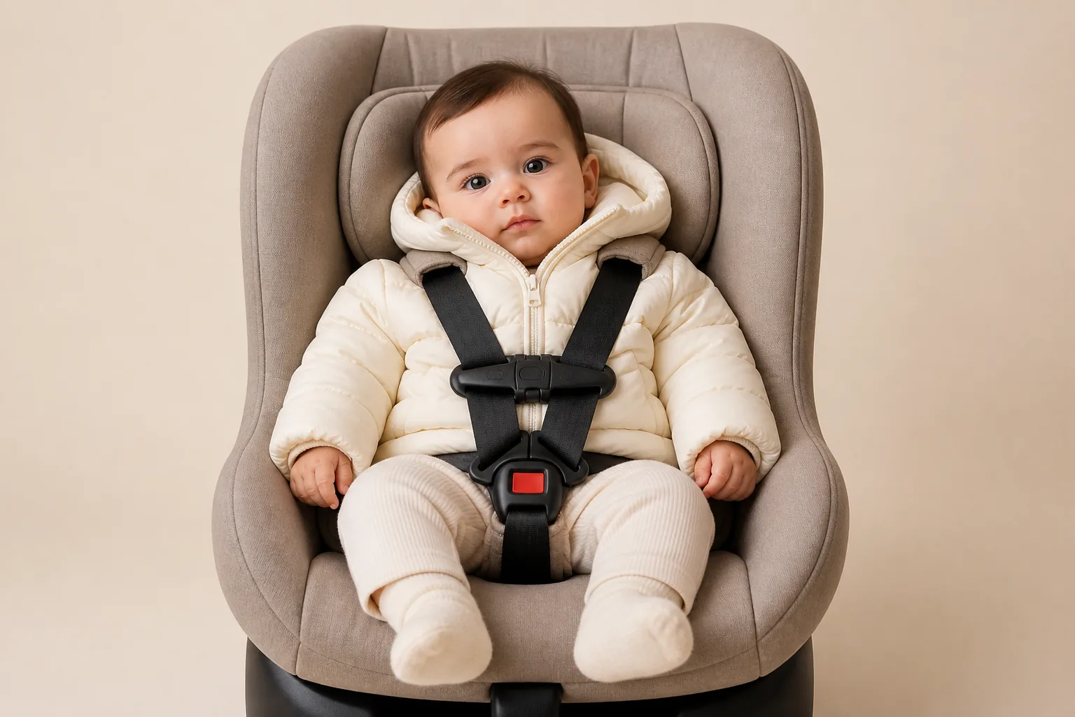 A baby wearing a thick puffy coat under a car seat harness