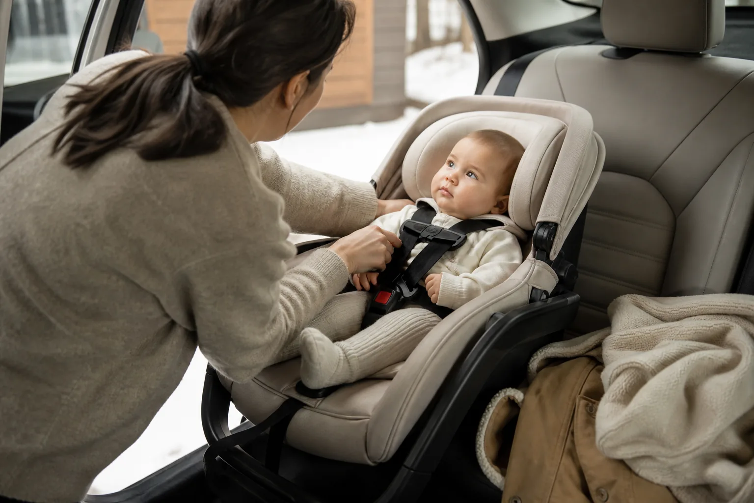 A parent fastening a baby in thin clothes into a rear-facing car seat