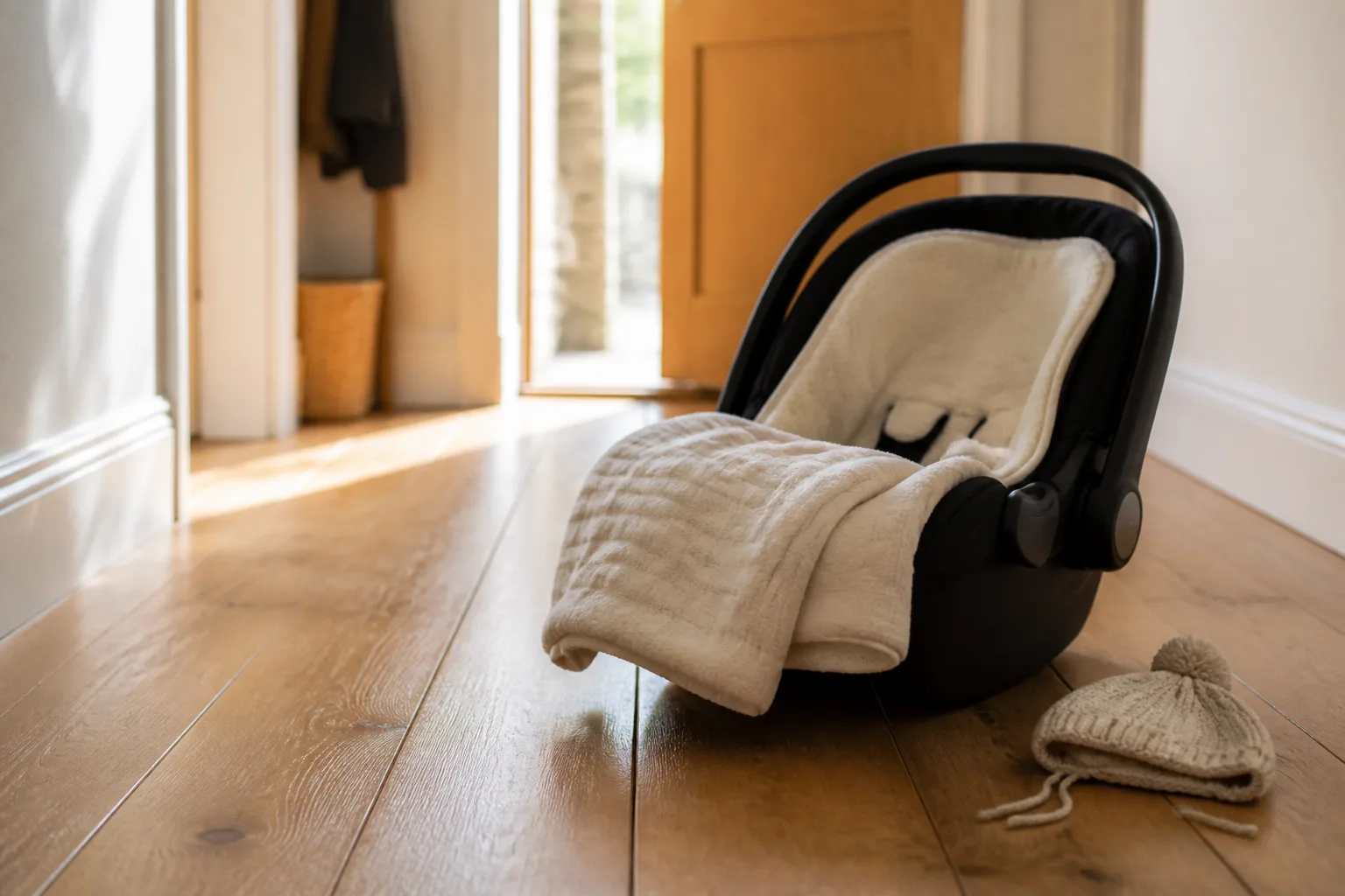 An infant car seat on the wooden floor of a hallway by the front door