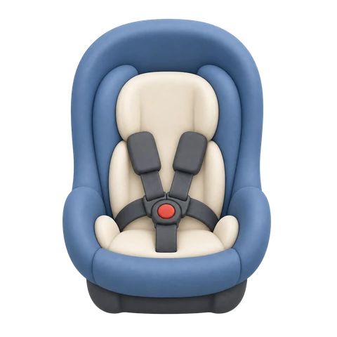 A blue clay infant car seat with its harness fastened