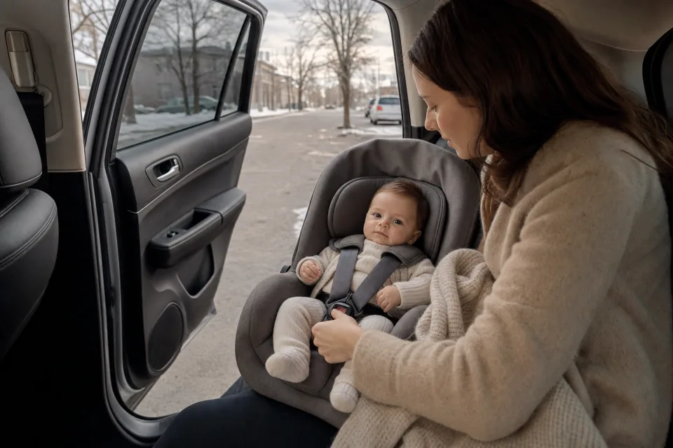 A parent buckling a baby into a car seat in thin fitted clothes