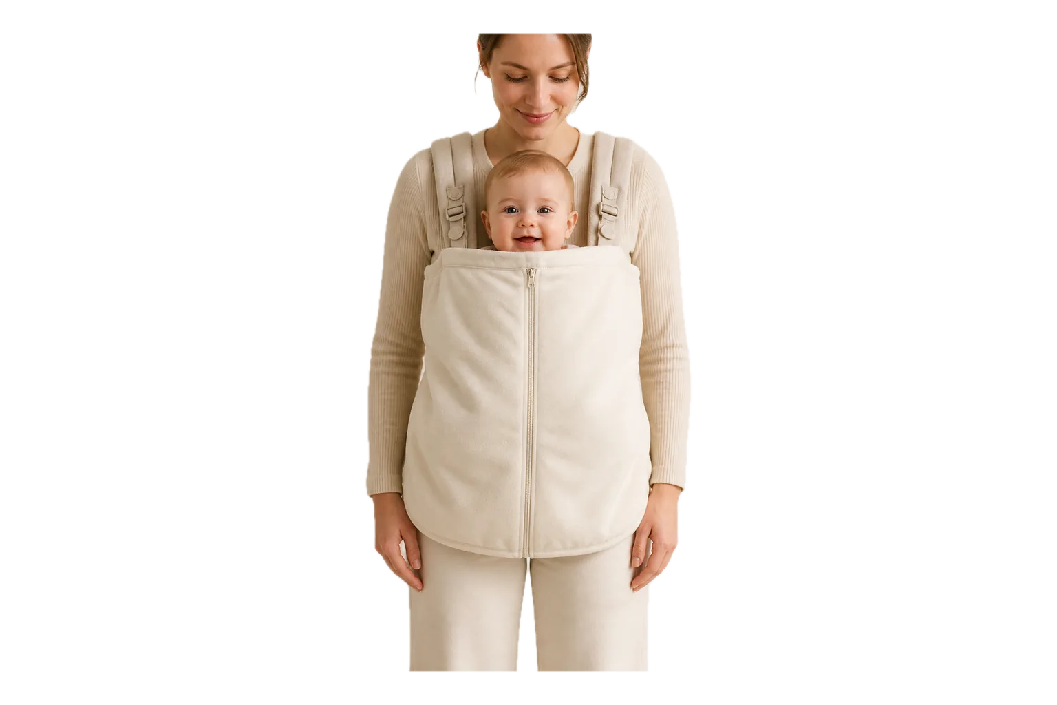 A cream cover zipped around the outside of a baby carrier below the baby's shoulders