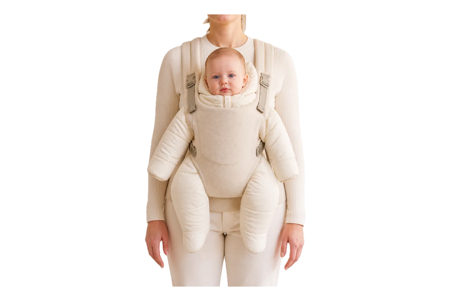 A baby in a bulky padded pram suit squeezed inside a soft carrier