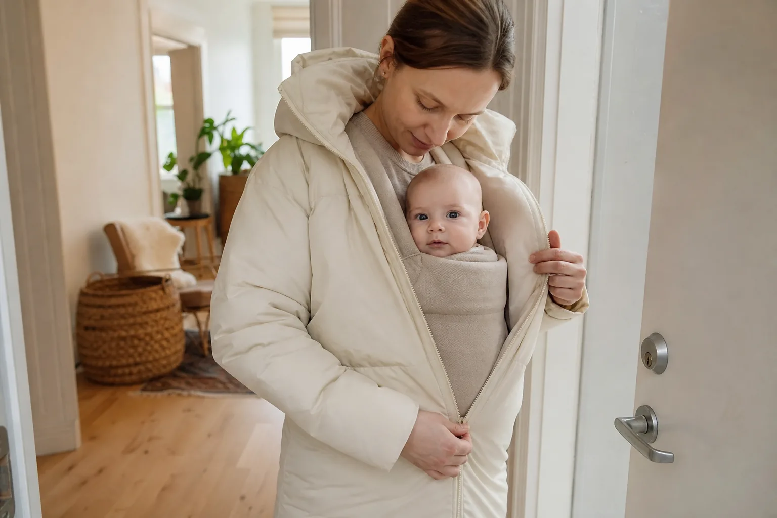 A parent zipping a roomy cream coat around the outside of a baby carrier at the front door