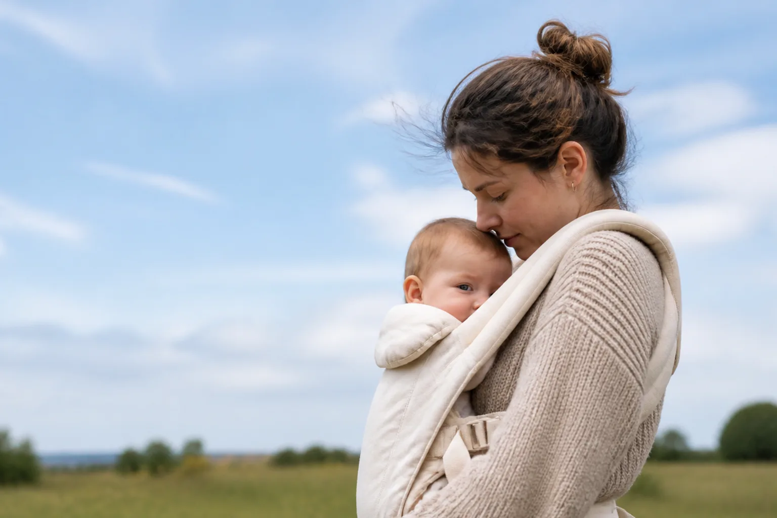 A parent in an oatmeal knit top carrying a baby in a cream soft-structured carrier, seen from the side in a light breeze