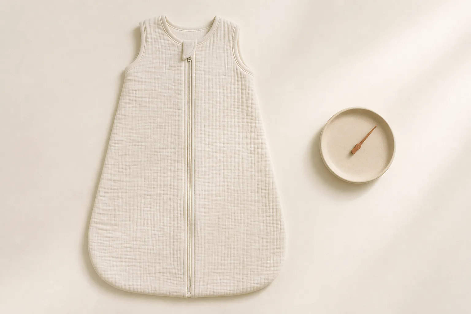 A cream sleep bag beside a small room thermometer