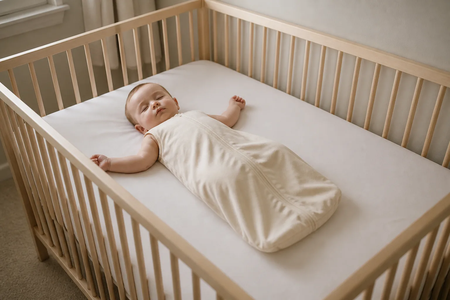 A baby asleep on the back in a fitted sleep bag in a clear pale wood crib