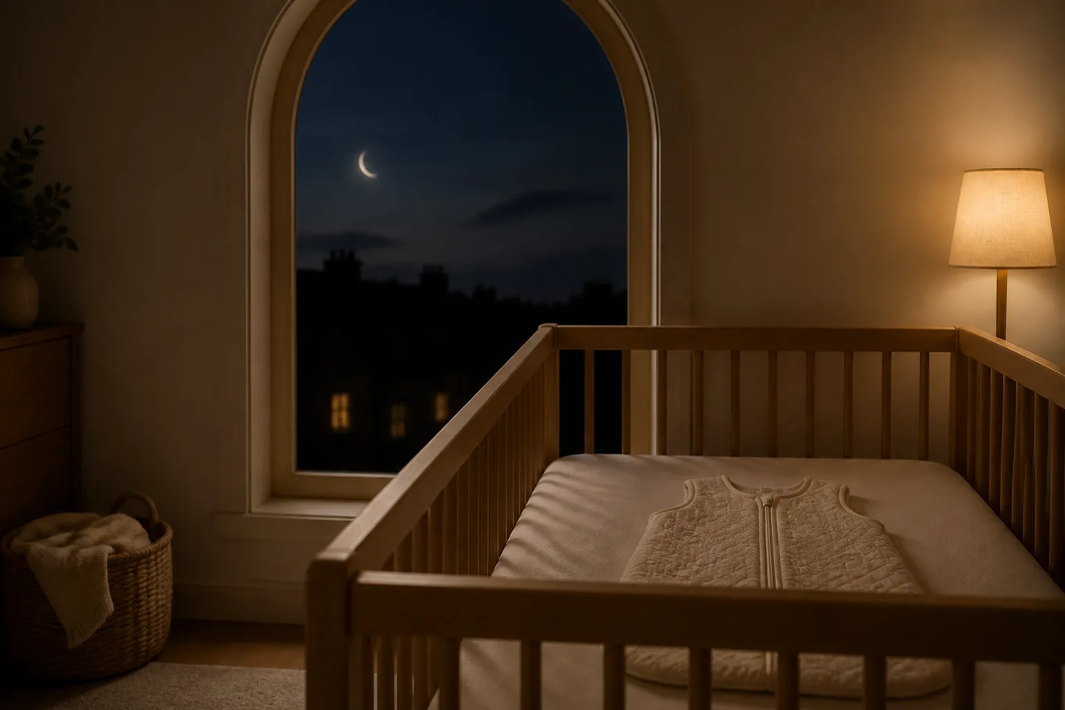 A wooden crib with a cream sleep bag laid flat inside it, nothing else in the bed