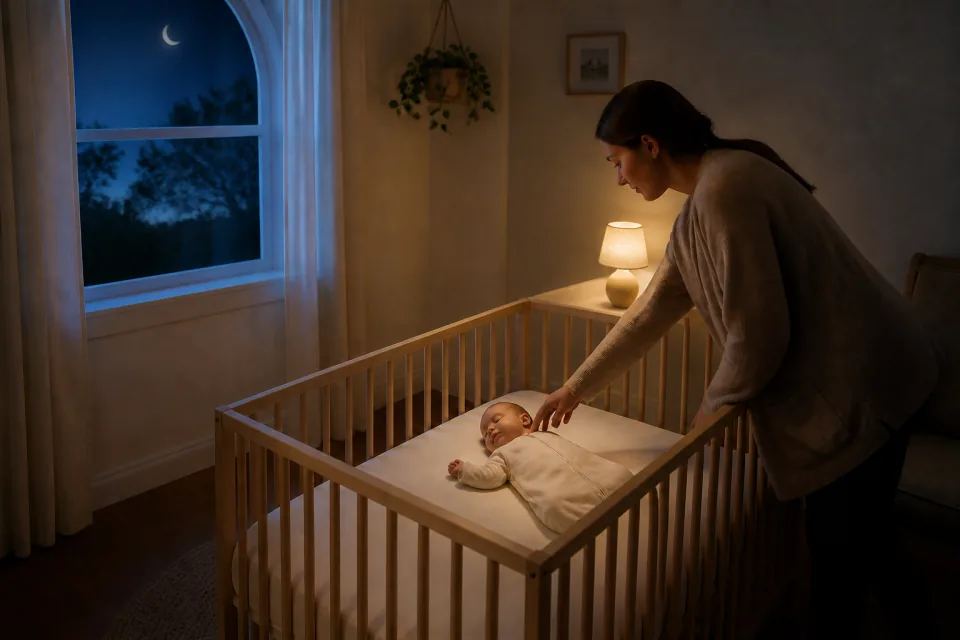 A parent checking a sleeping baby in a clear crib and fitted sleep bag
