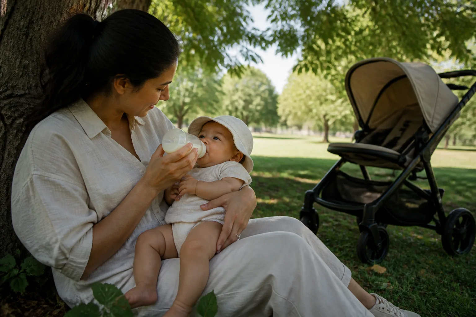A parent feeding a baby in deep tree shade beside an open stroller