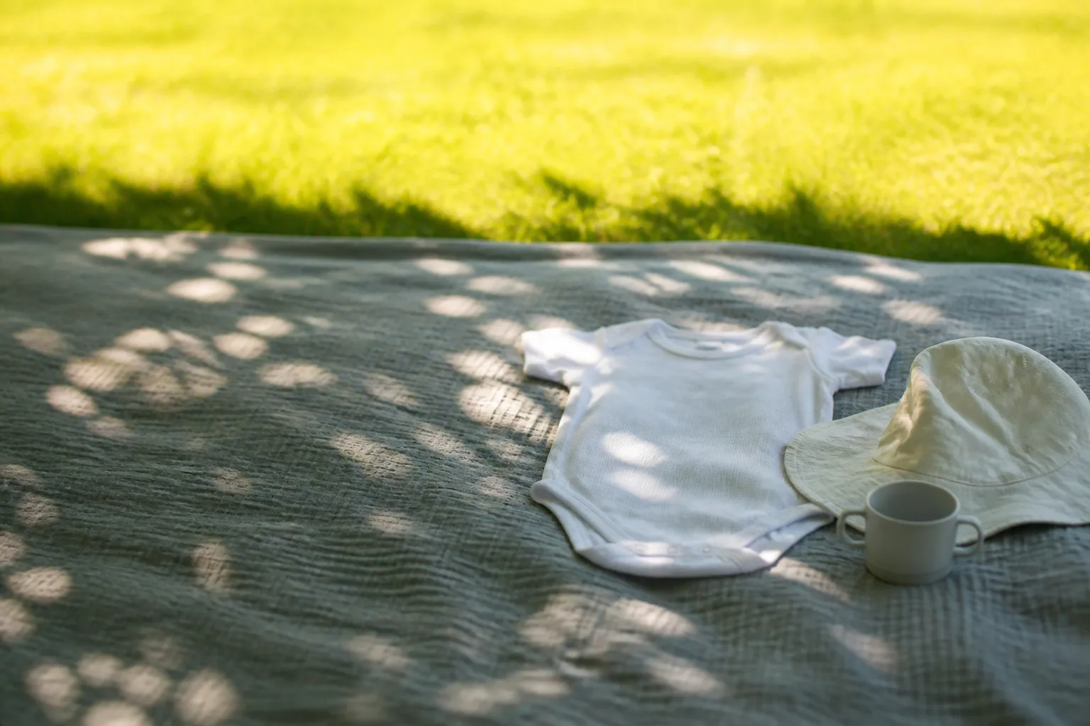 A picnic blanket lying in deep leafy shade on a hot day