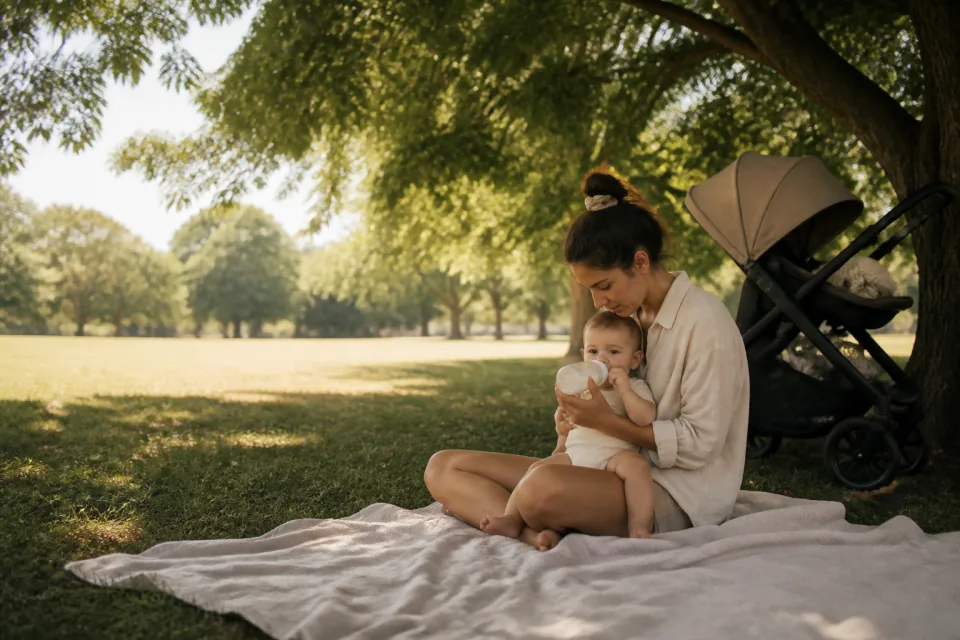 A parent feeding a lightly dressed baby in deep open shade