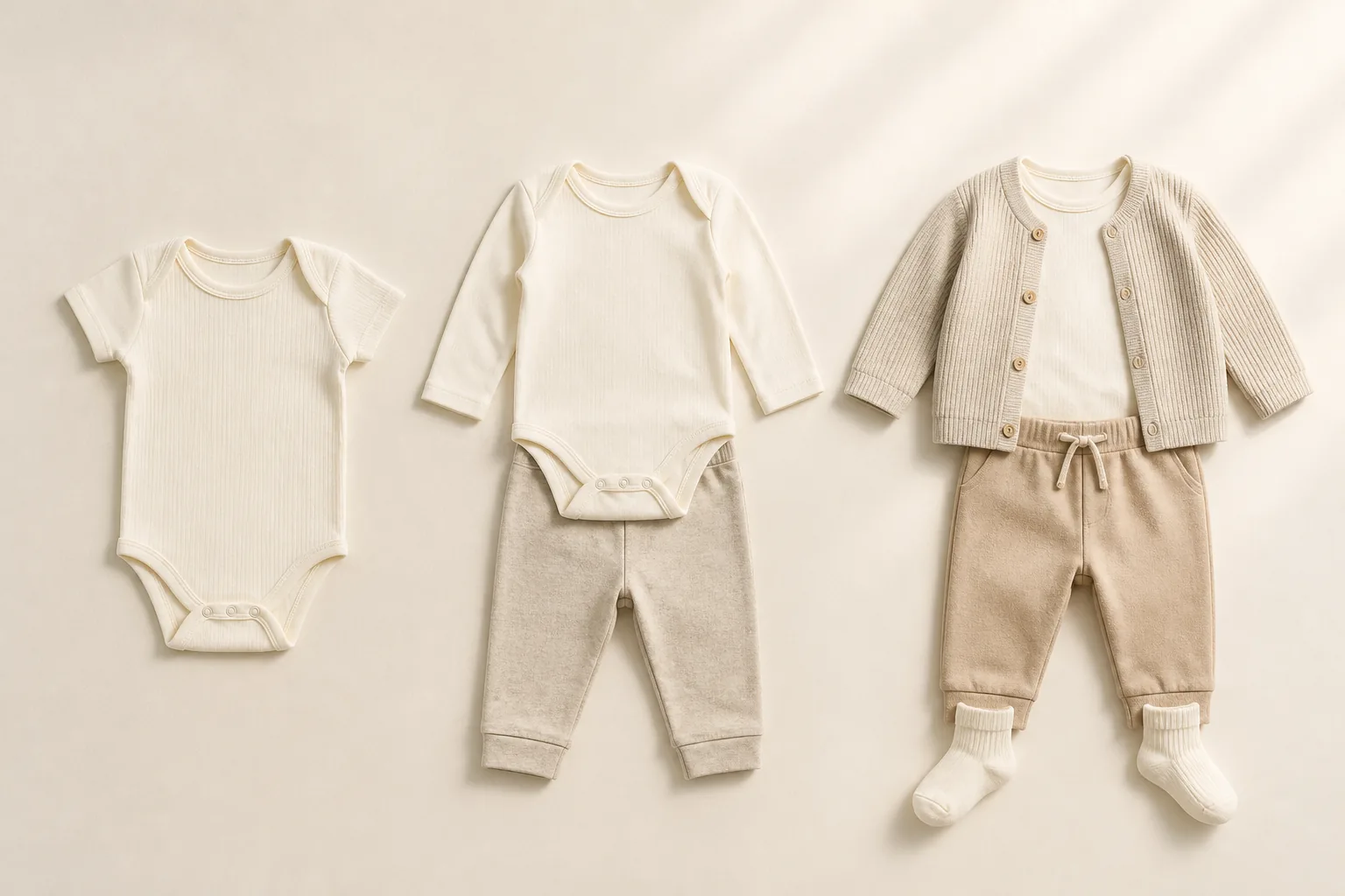Three indoor outfits building from a short-sleeve bodysuit to pants, socks and a cardigan