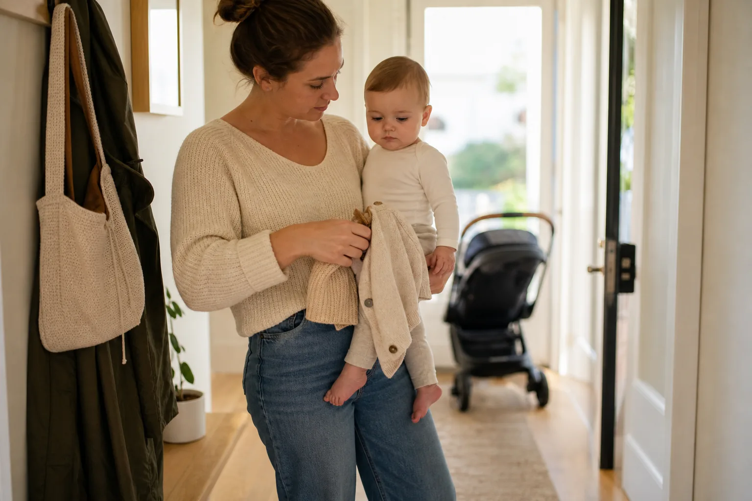 A parent removing a light cardigan from a baby after coming indoors